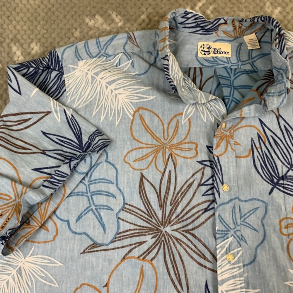 Reyn Spooner Hawaiian Shirt Mens 3XL Blue Floral Reverse Print Cotton Aloha